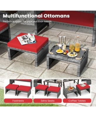 2 Pieces Patio PE Rattan Ottomans with Soft Zippered Cushions for Deck