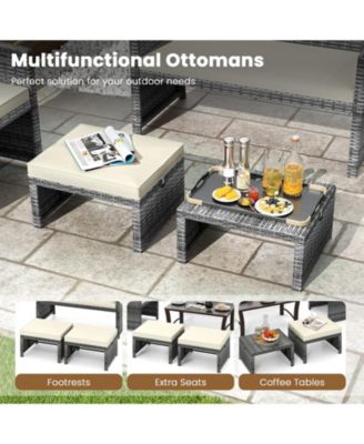 2 Pieces Patio PE Rattan Ottomans with Soft Zippered Cushions for Deck