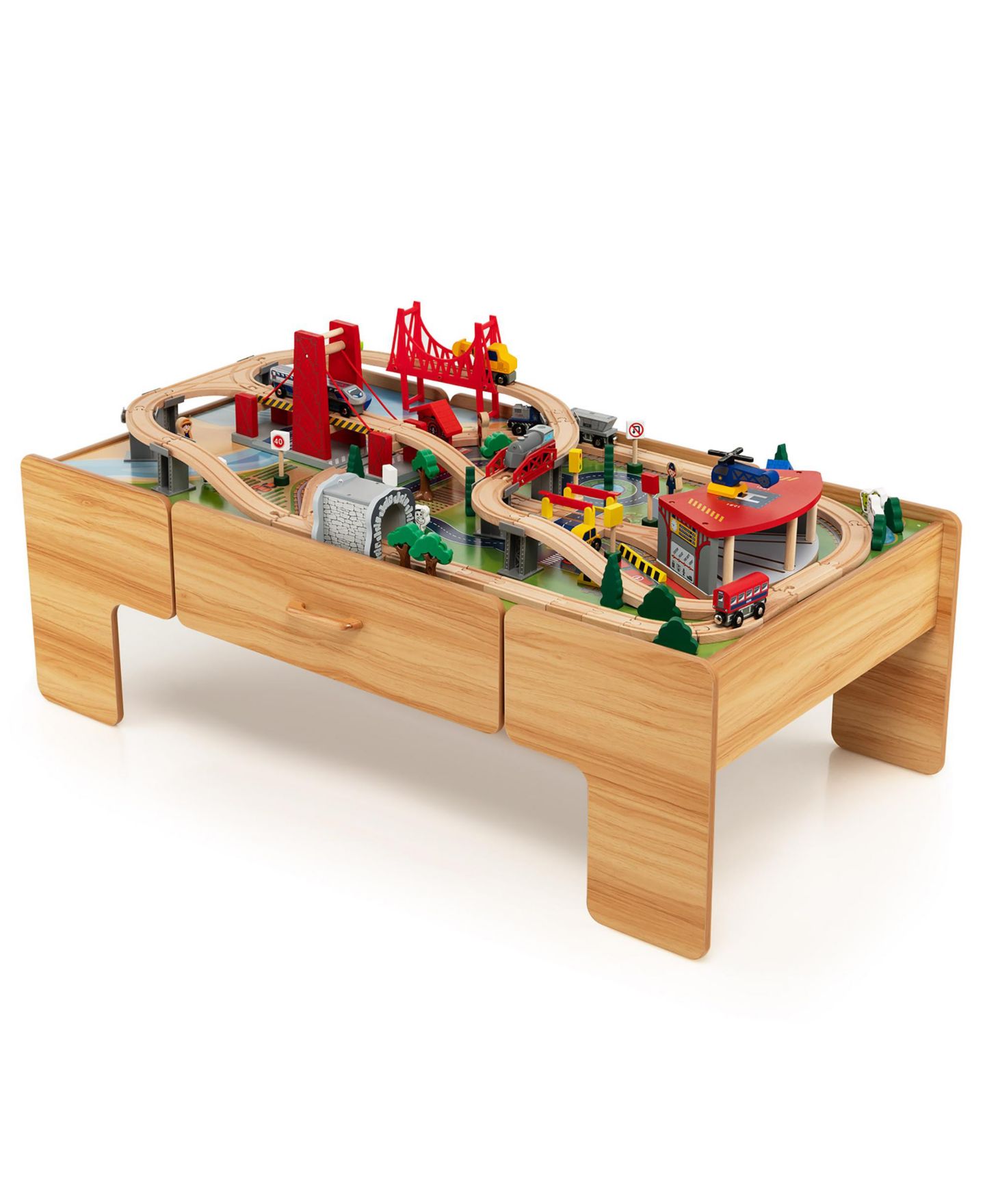 Детские игрушки Costway Magnetic Battery-Operated 100-Piece Kids' Train Set & Activity Table Playset, цвет: Натуральный — фото 1