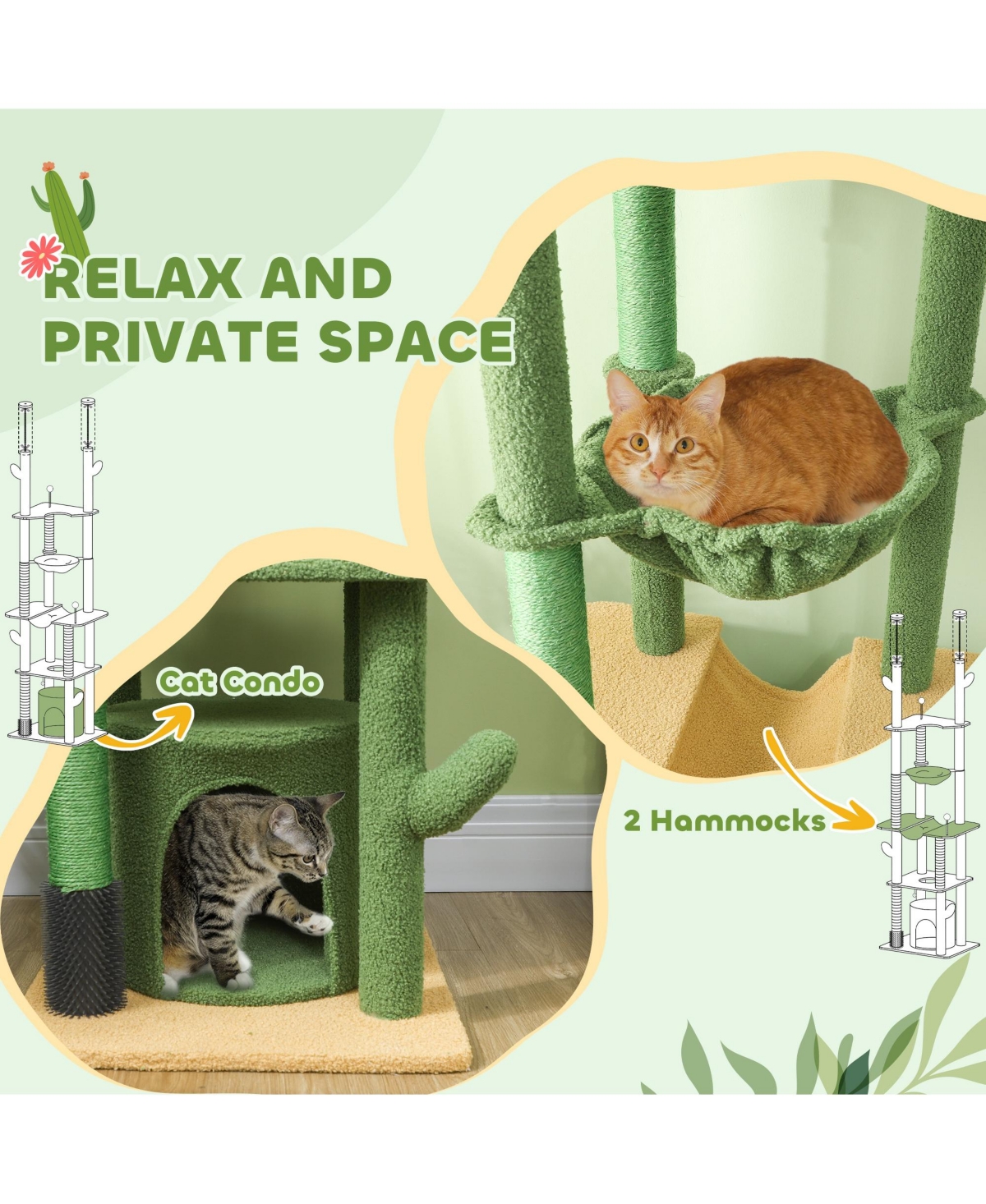 PawHut 89"-100" Floor to Ceiling Cat Tree w/ Grooming Brush Post,