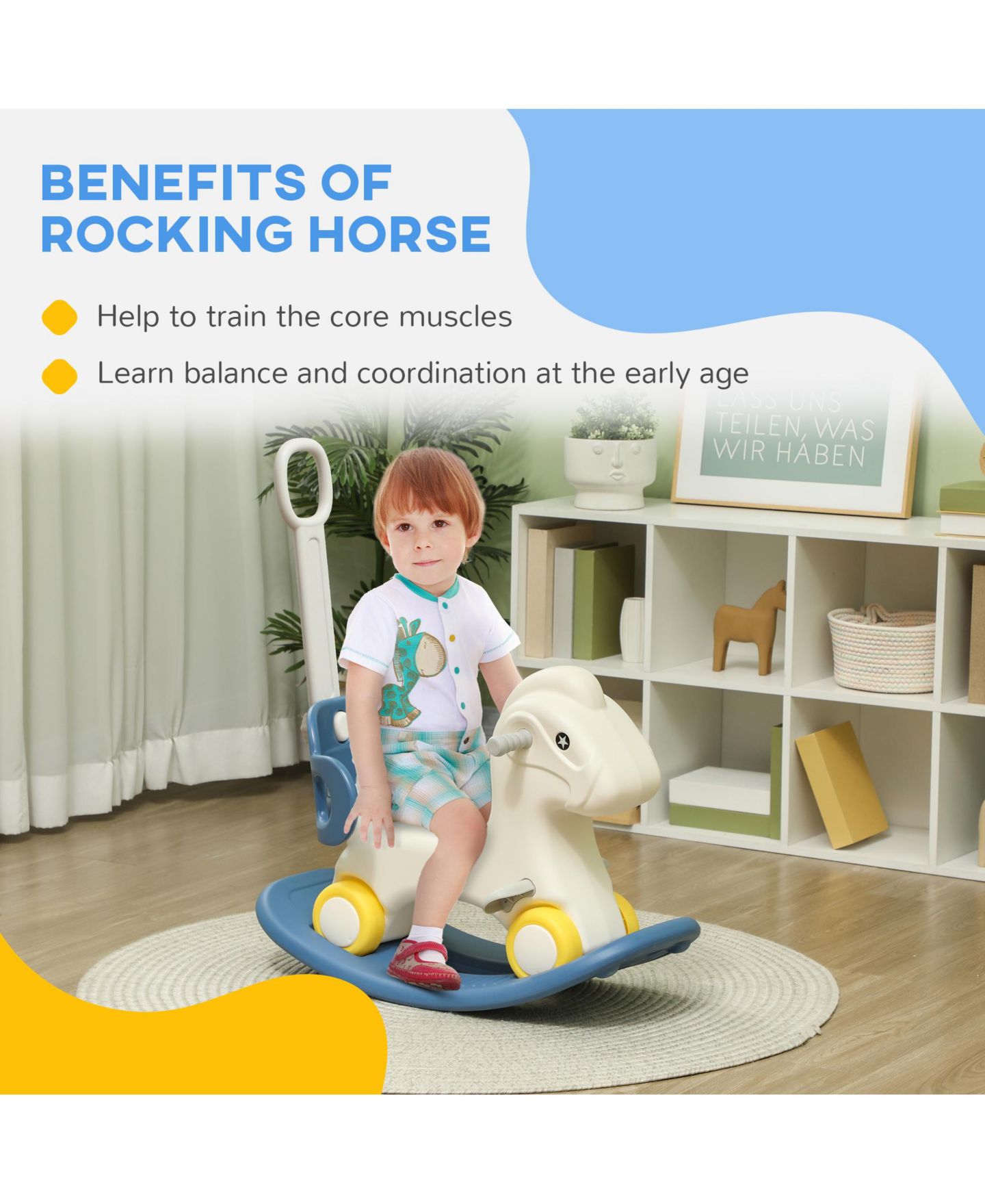 Детская игрушка Qaba 4-in-1 Detachable Push Handle Rocking Horse, 88 lbs. Capacity, Ages 2-5, цвет: Синий — фото 5