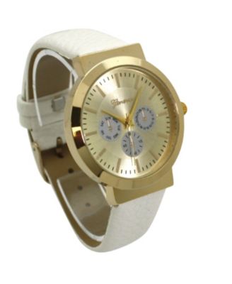 White Calendar Dial Gold Accented Leather Strap Watch