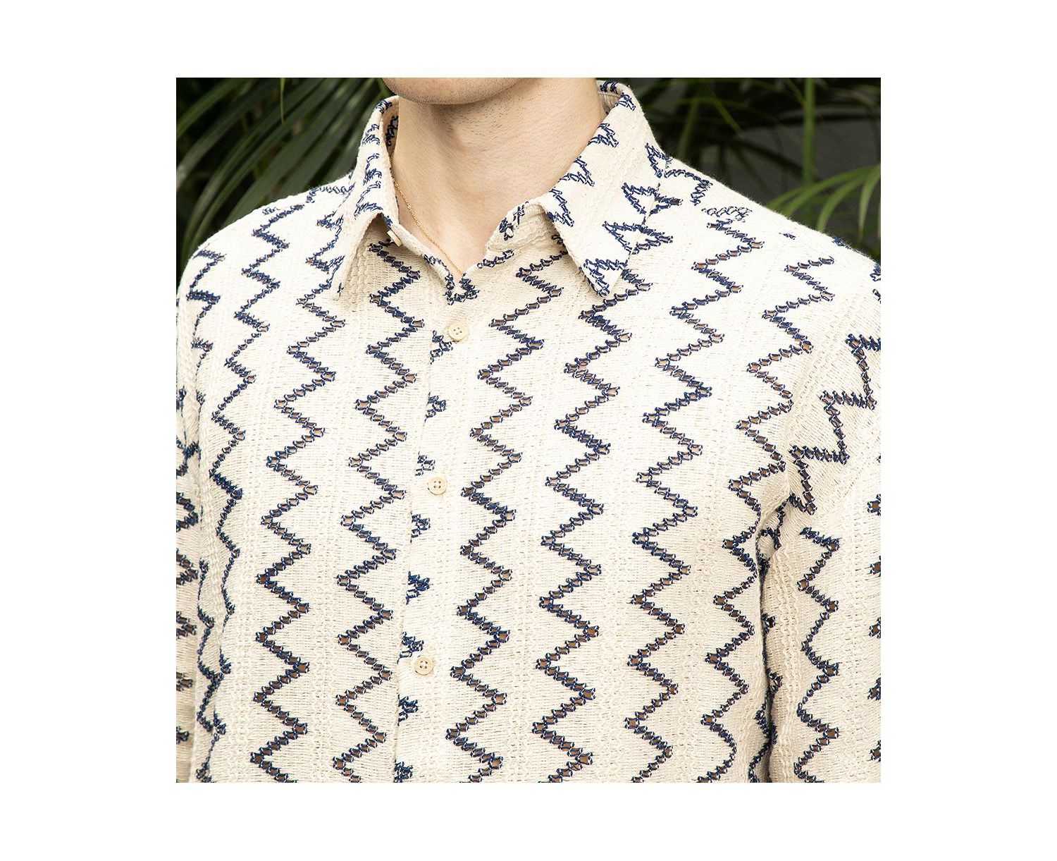 Men's Cream White Zig-Zag Knit Shirt