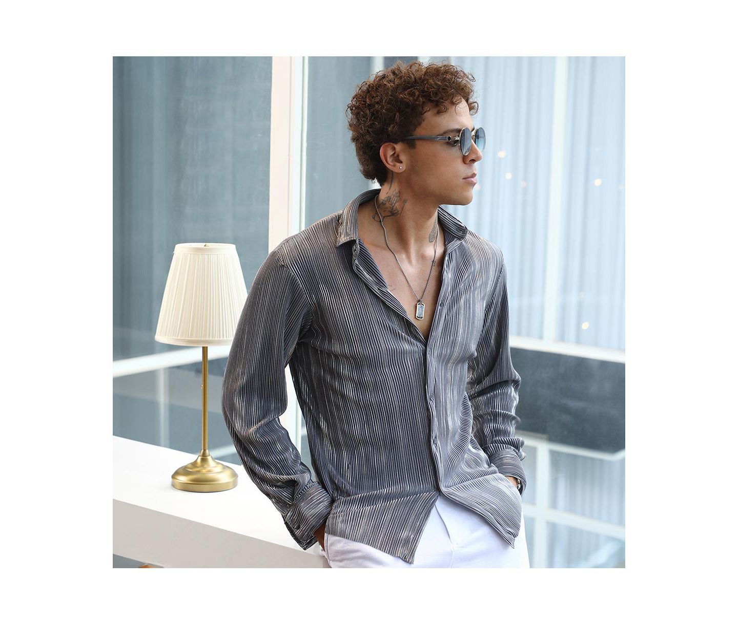 Мужская рубашка Cahoot Campus Sutra Icy Blue & Metallic Silver Pleat-Creased, цвет: Синий — фото 5