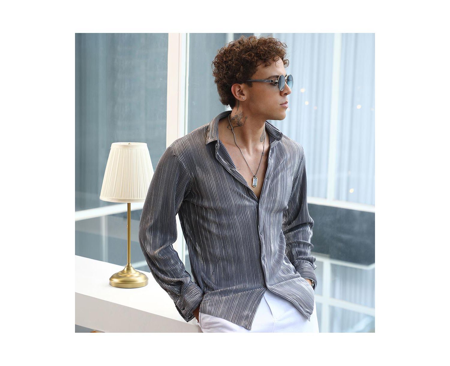Men's Icy Blue & Metallic Silver Pleat-Creased Shirt
