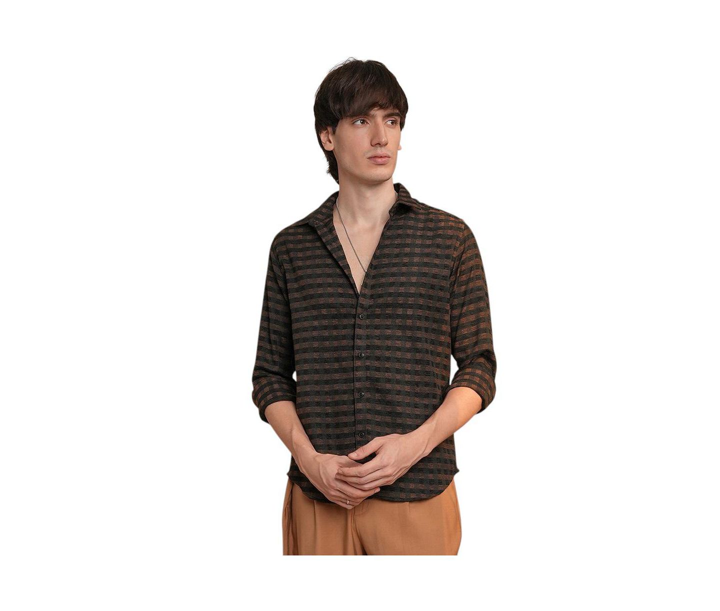 Мужская рубашка Cahoot Campus Sutra Chocolate Brown & Charcoal Black Gingham, цвет: Коричневый — фото 1