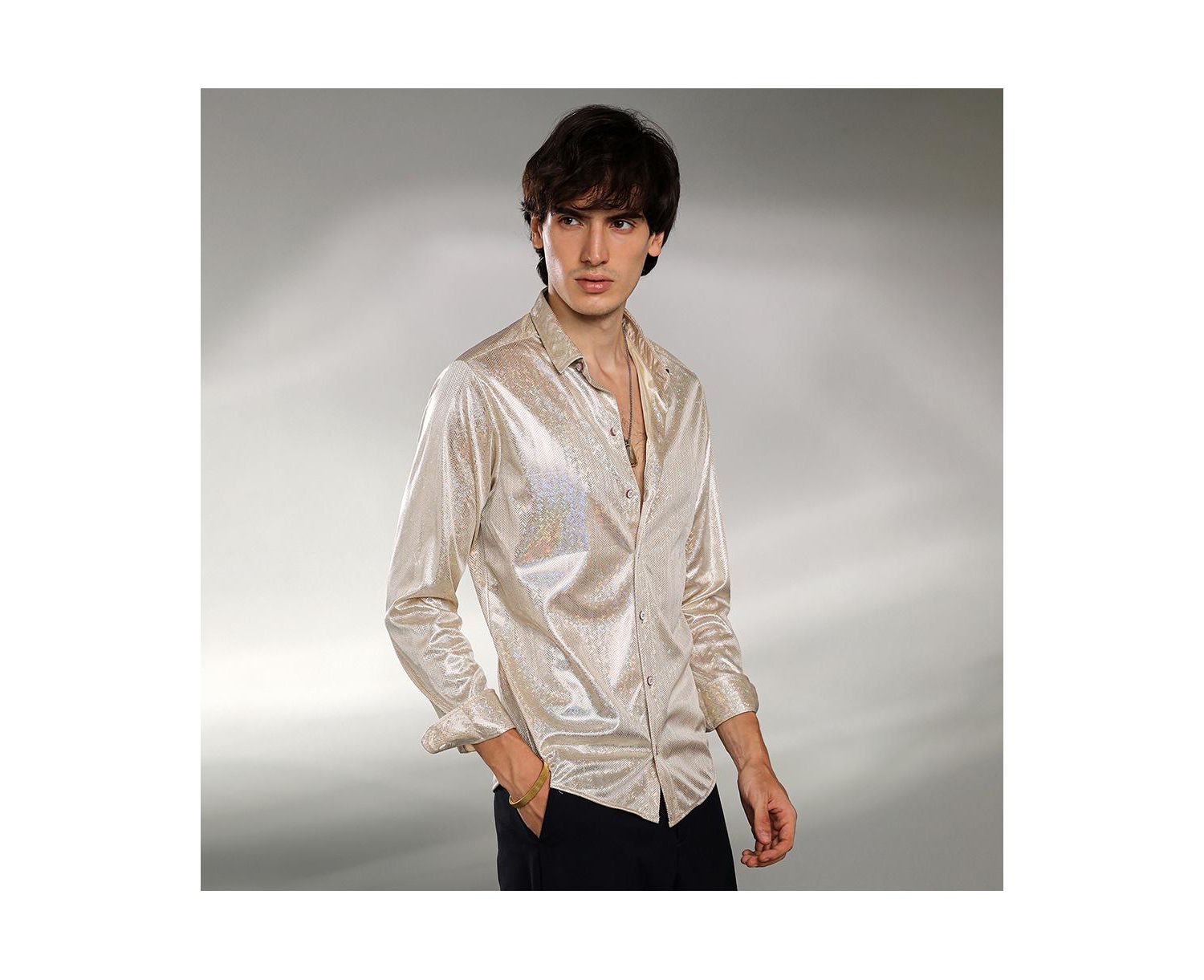 Men's Metallic Beige Sheen Chevron Shirt