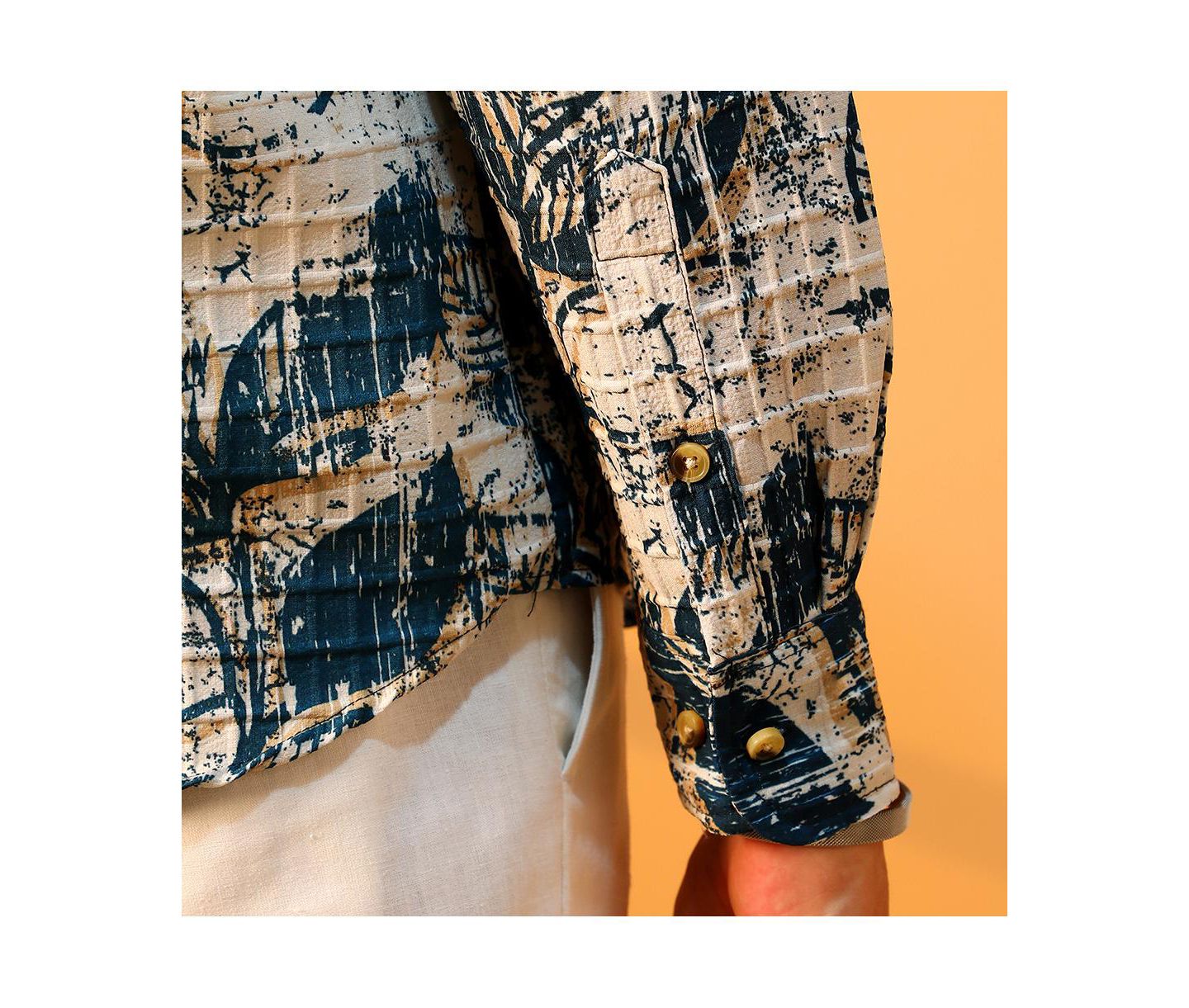 Мужская рубашка Cahoot Campus Sutra Ivory White & Indigo Blue Foliage-Waffle, цвет: Синий — фото 6
