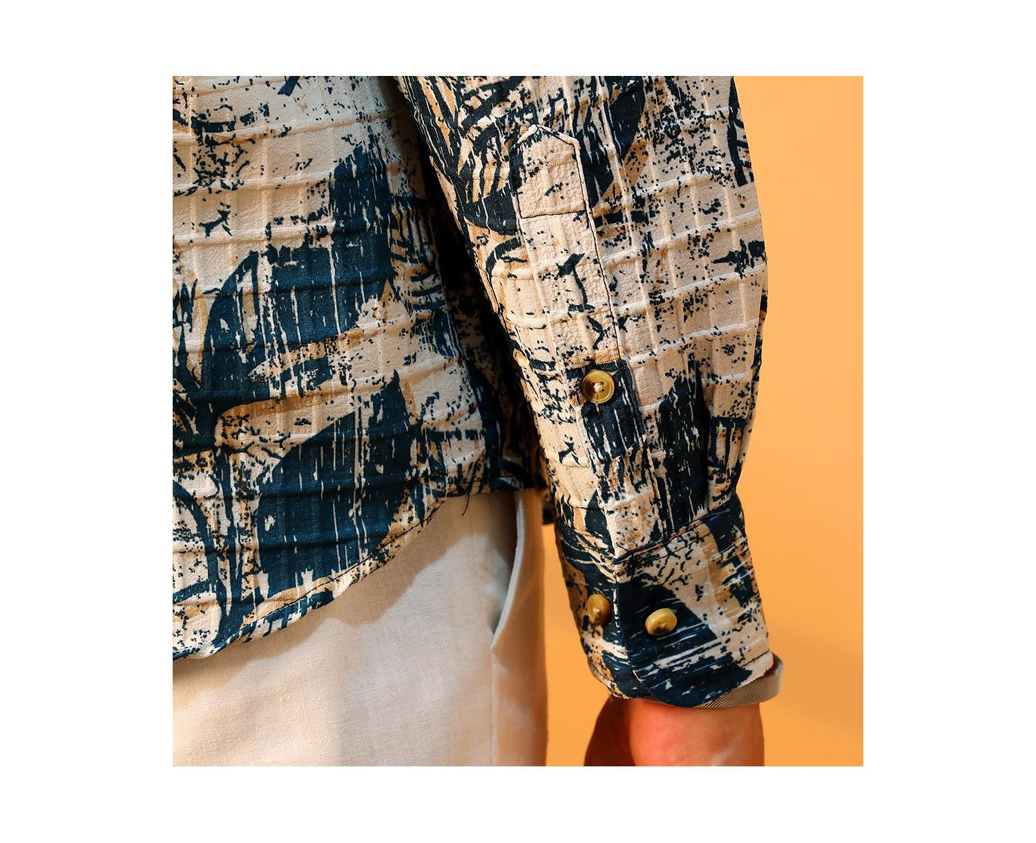 Men's Ivory White & Indigo Blue Foliage-Waffle Shirt