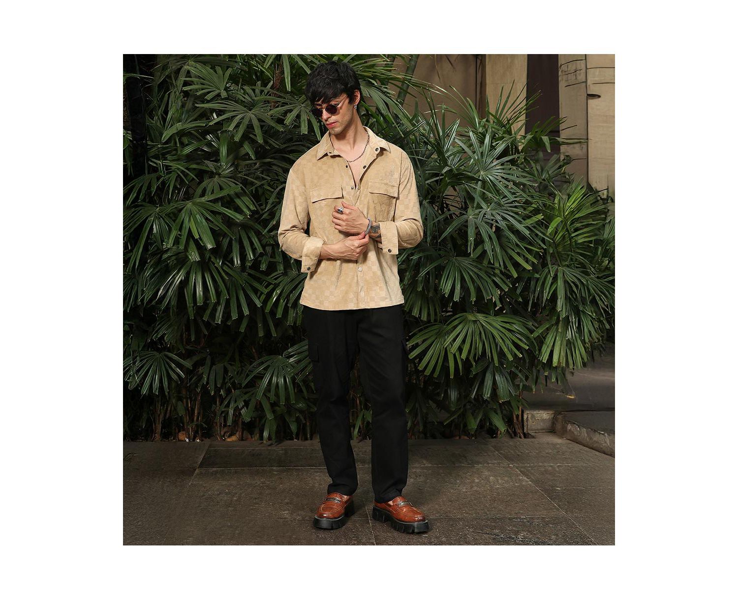 Men's Buff Beige Cubic Velvet Utility Shacket
