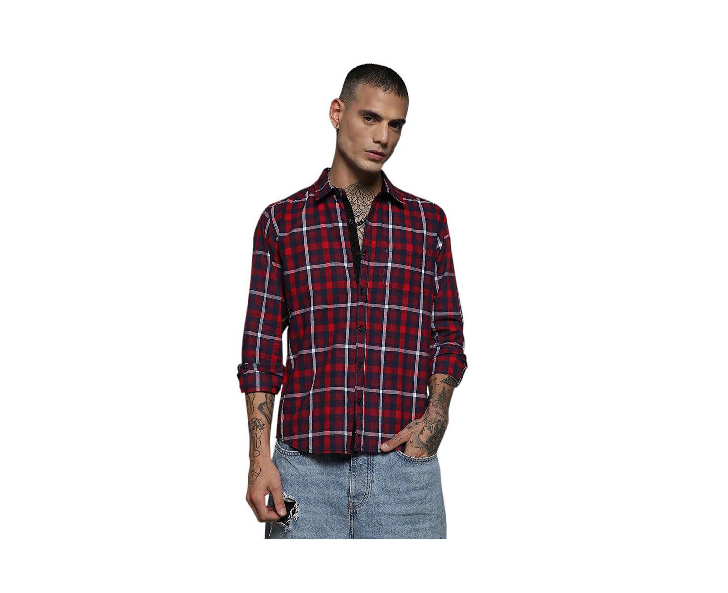 Men's Navy Blue & Red Tartan Plaid Shirt