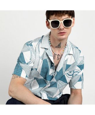 Men's Steel Blue Oversized Geometric Lined Shirt