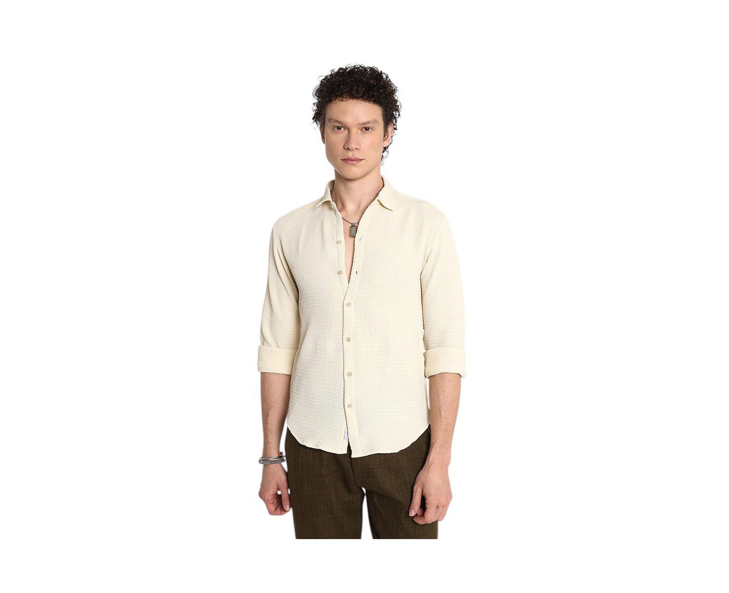 Men's Ivory White Weave-Textured Shirt