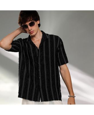 Men's Raven Black Unhemmed Striped Oversized Shirt
