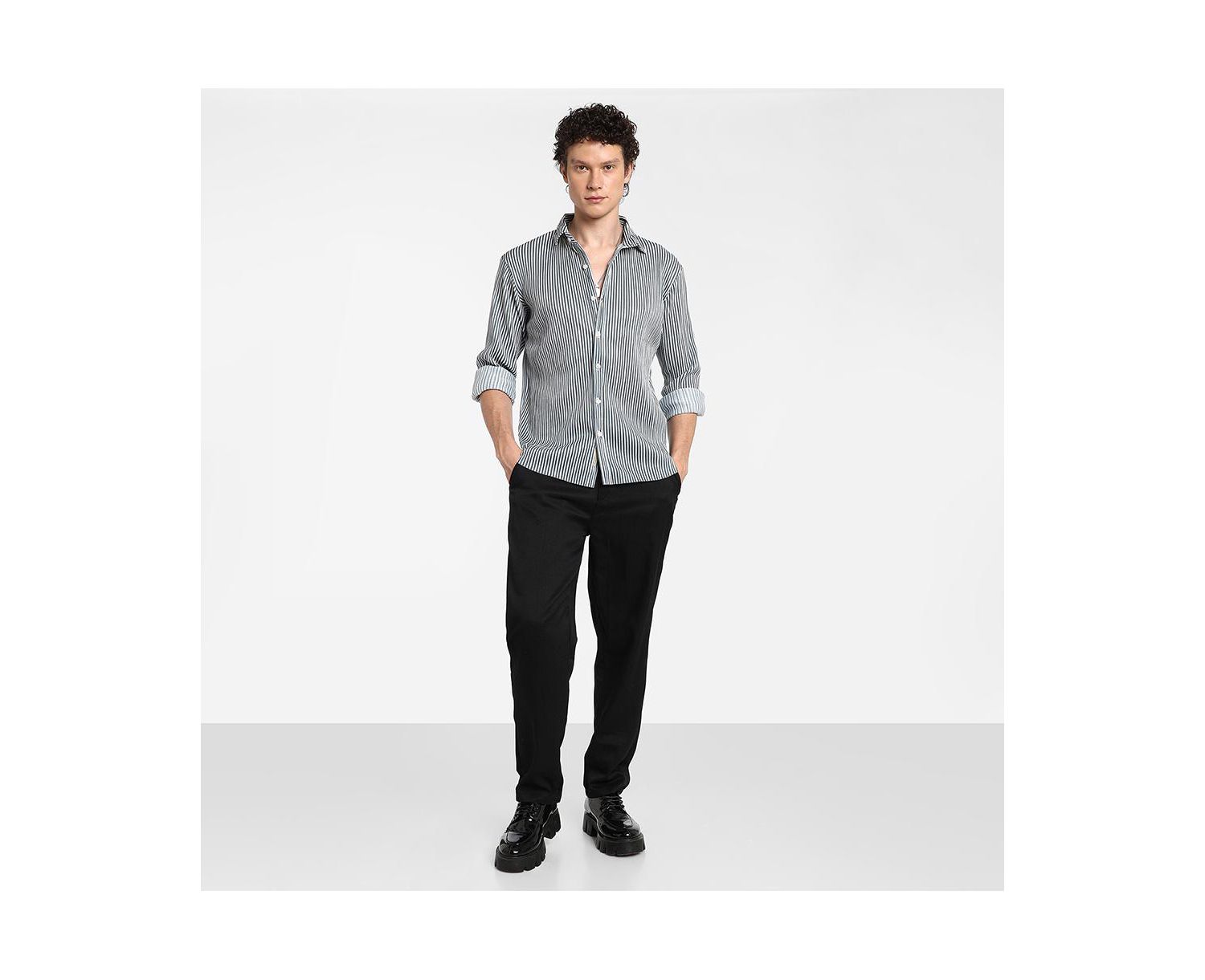 Men's Midnight Black and Powder White Pleat-Creased Shirt