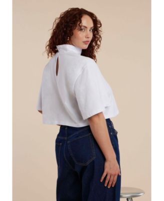 Women's Plus Size Shirred Mockneck Top With Sheer Sleeve