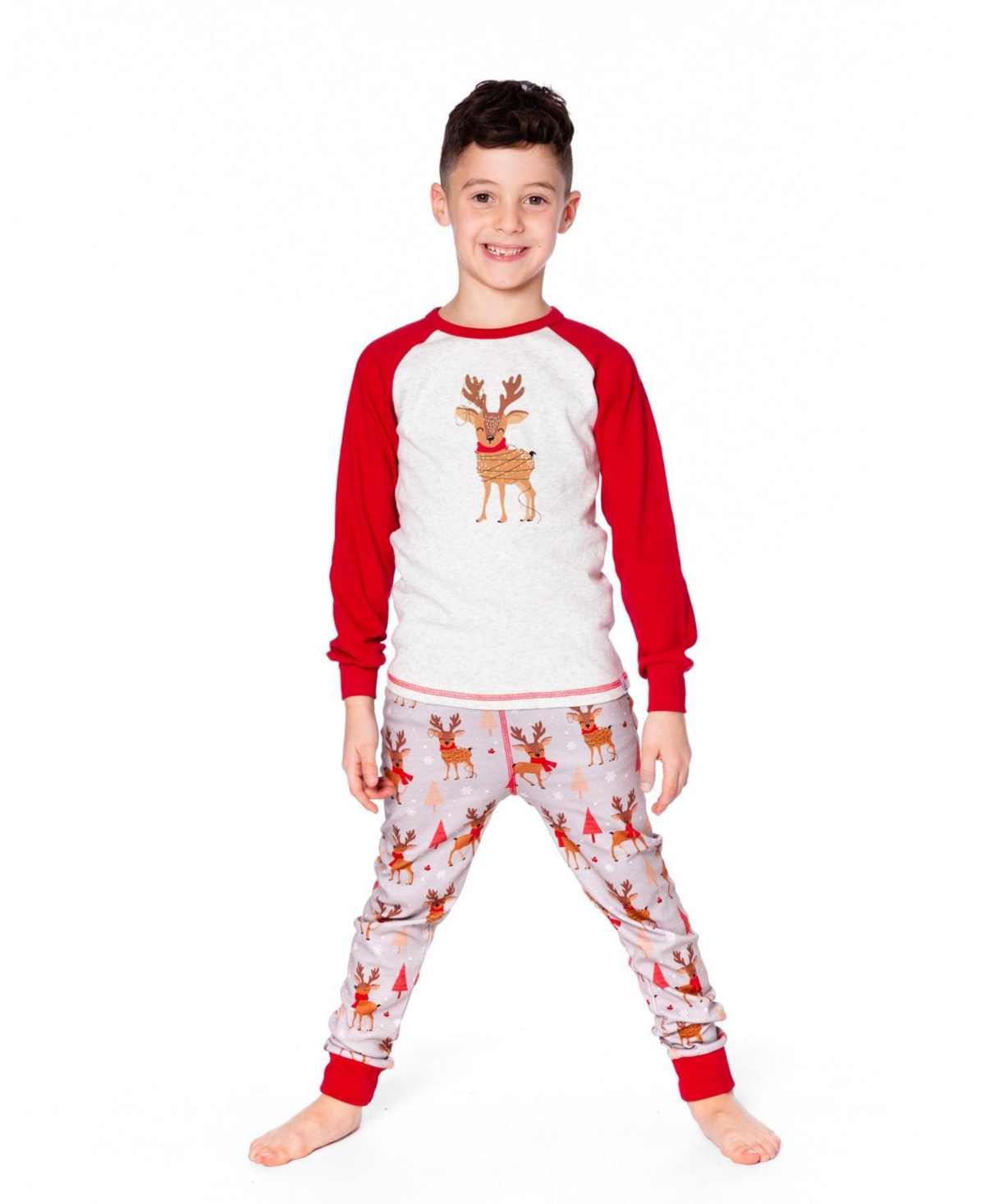 Deux par Boy Two-Piece Cotton Pajama Set Beige Reindeer Print