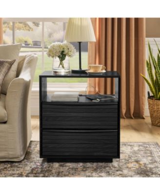 Nightstand with Charging Station & Outlet Hole & 2 Solid Wood Drawers