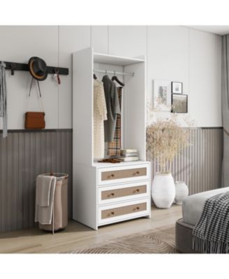 Tall Cabinet with 3 Drawers Rattan High Wardrobe Armoire