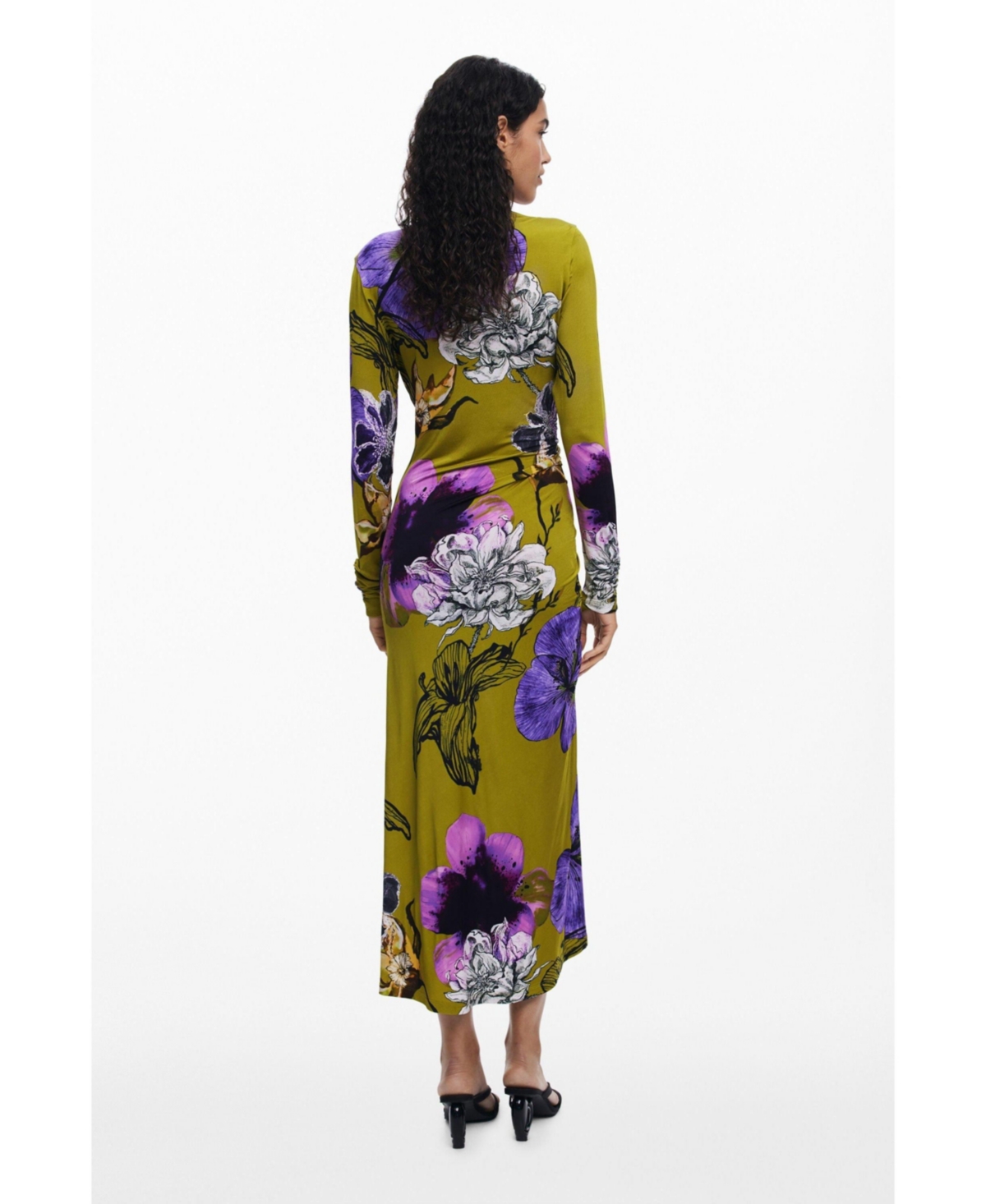 Desigual Floral Print Long Sleeve Midi Dress In Green