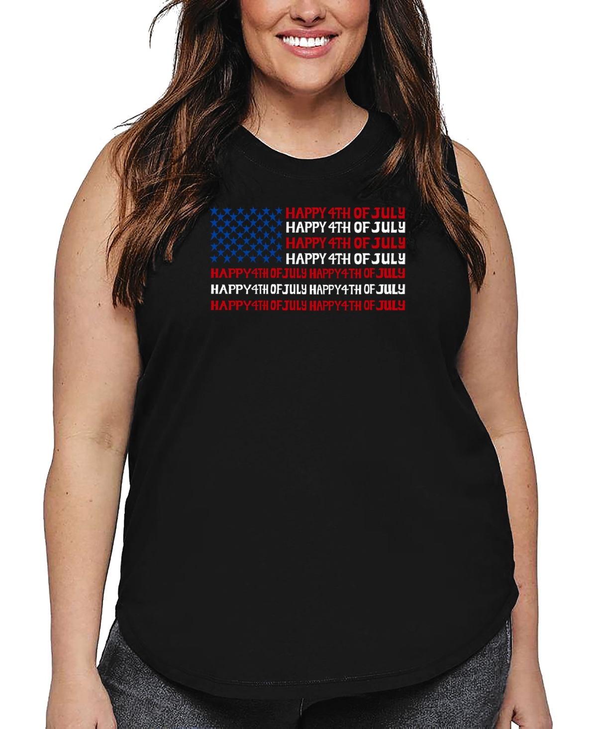 La Pop Art Plus Size Happy 4th Of July Word Art Tank Top In Black