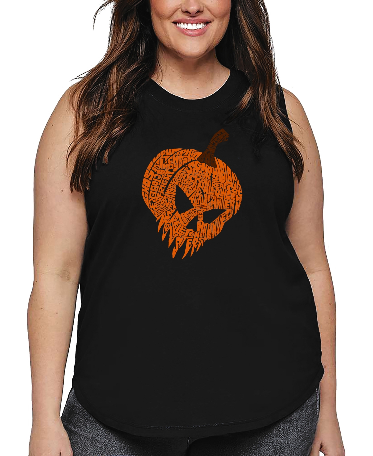 La Pop Art Plus Size Evil Pumpkin Word Art Tank Top In Black