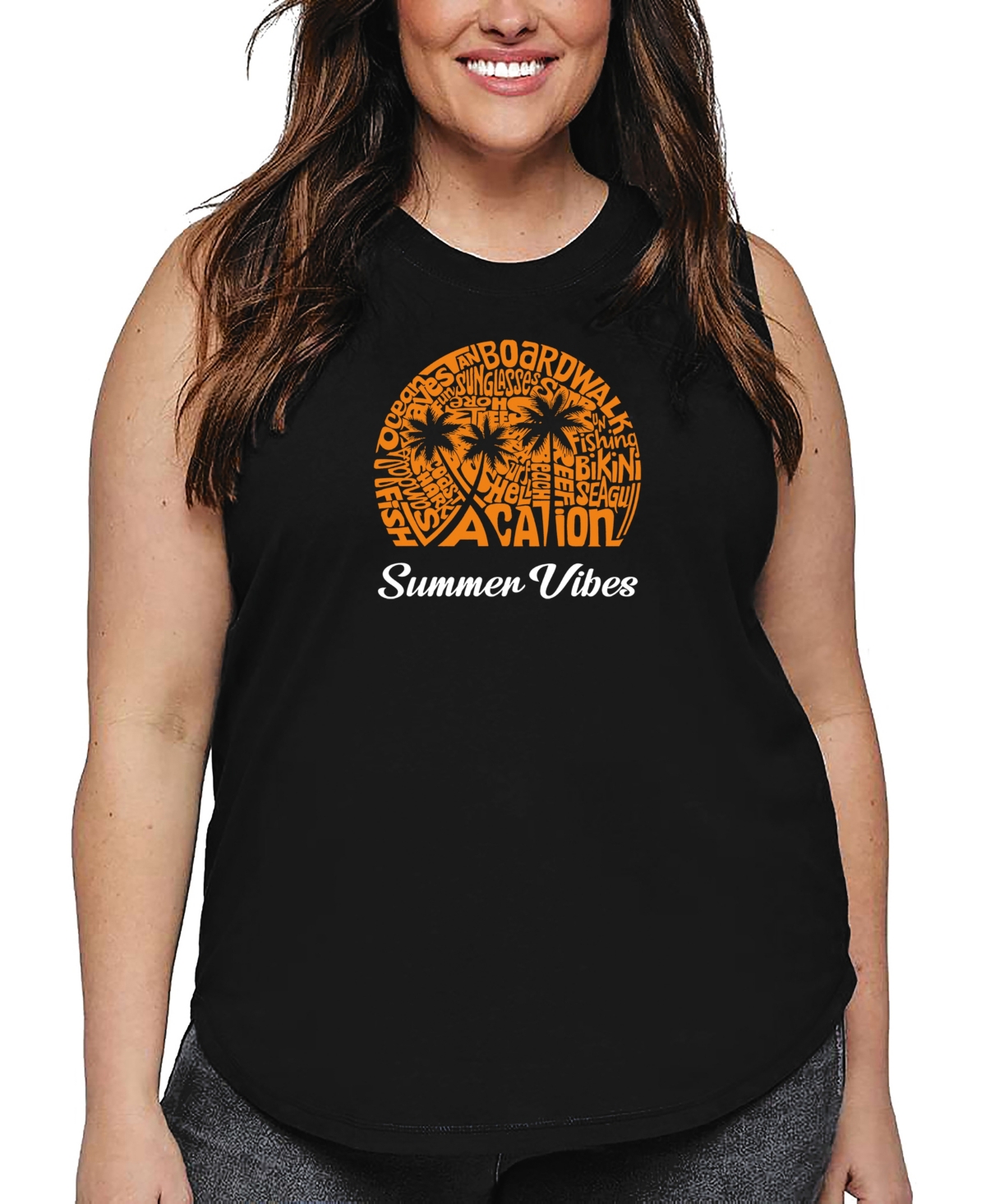 La Pop Art Plus Size Summer Vibes Word Art Tank Top In Black
