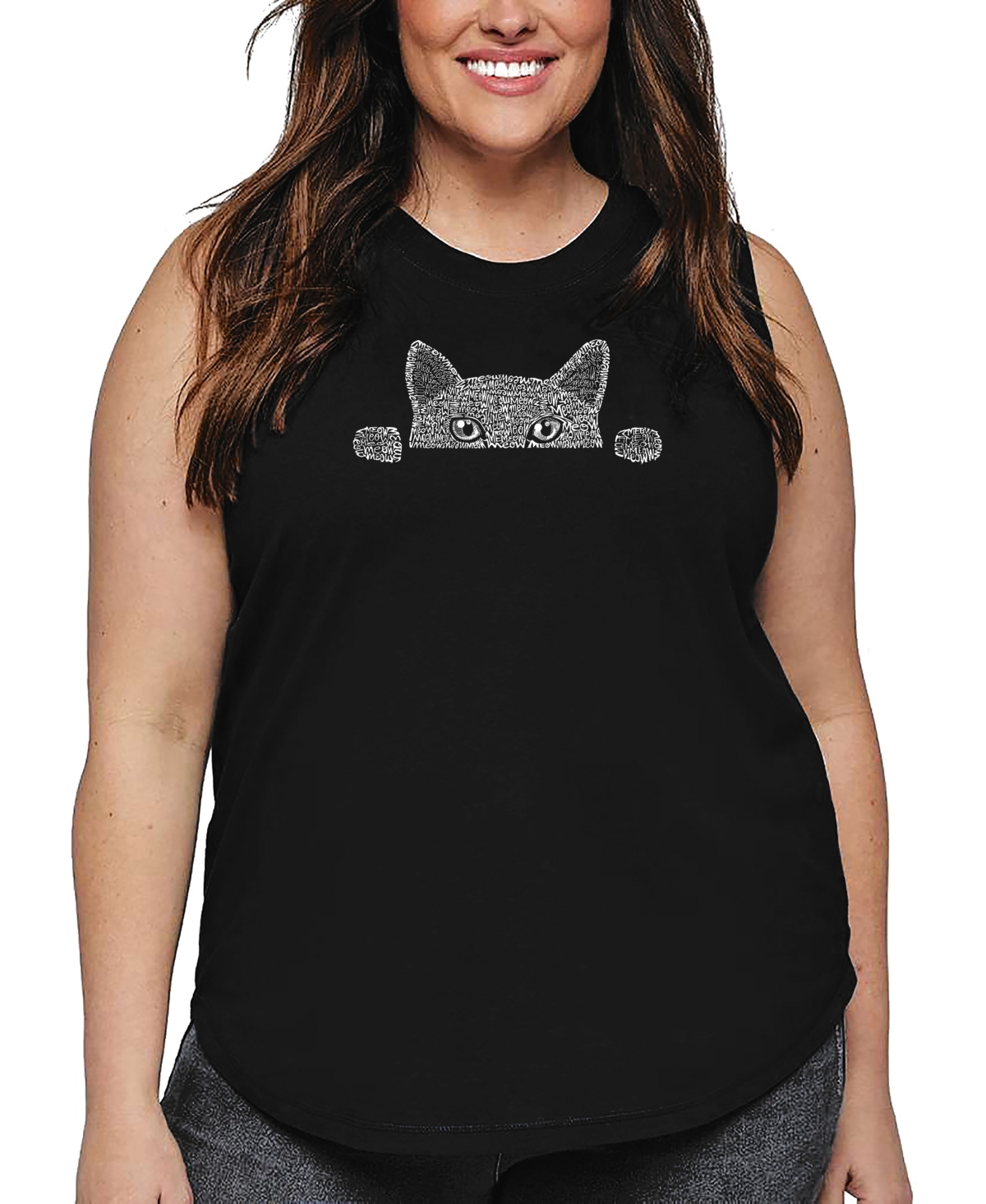 La Pop Art Plus Size Peeking Cat Word Art Tank Top In Black