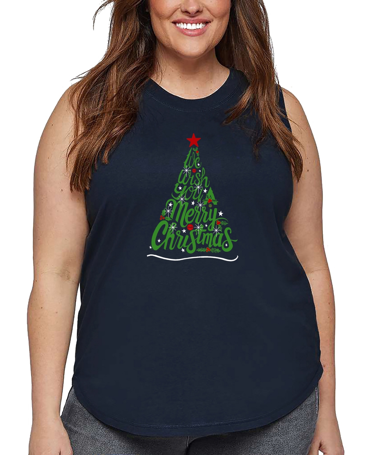 La Pop Art Plus Size We Wish You A Merry Christmas Word Art Tank Top In Blue