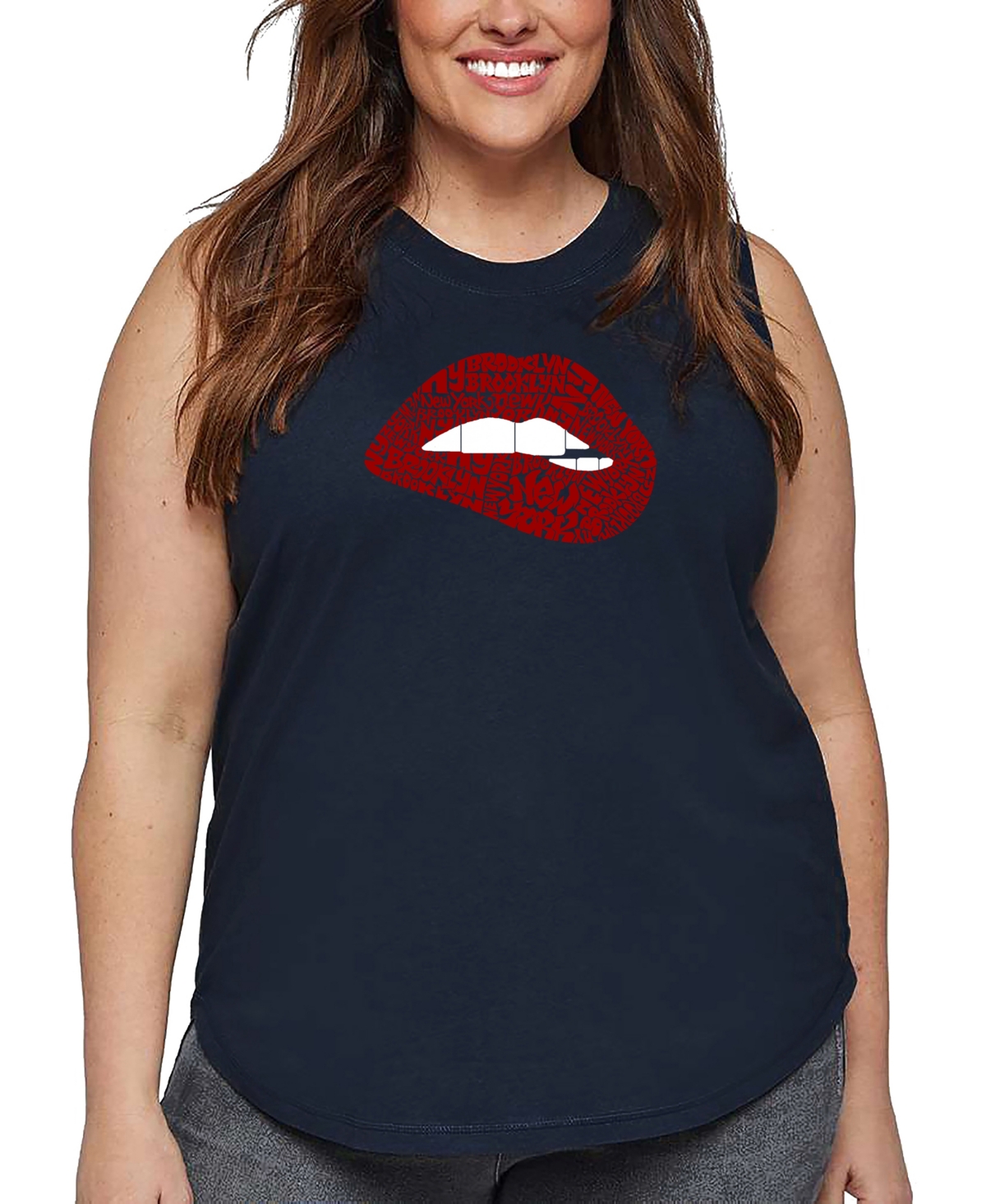 La Pop Art Plus Size Brooklyn Lips Word Art Tank Top In Blue