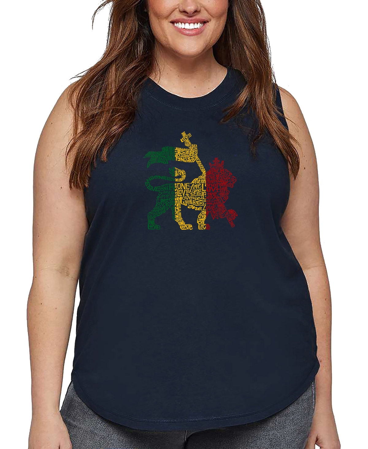 La Pop Art Plus Size Lion One Love Word Art Tank Top In Blue