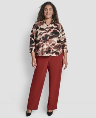 Plus Size Printed Pleat-Front 3/4-Sleeve Blouse