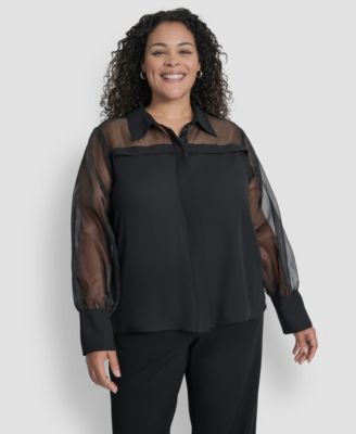 DKNY - Plus Size Collared Mixed-Media Illusion Blouse