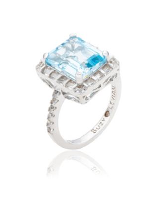 Suzy Levian Sterling Silver Emerald Cut Topaz Halo Ring