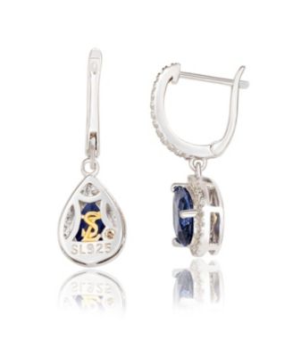 Suzy Levian Sterling Silver Sapphire Pear Shape Halo Dangling Earrings