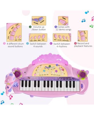 Kids Piano Keyboard Drum Set with Sounds, Microphone, Stool