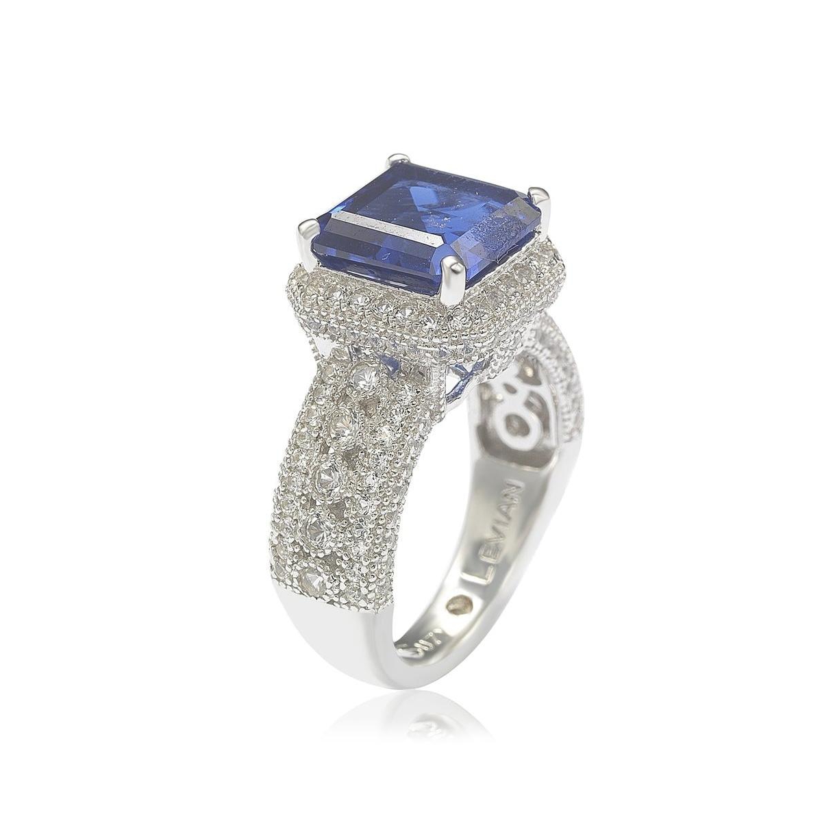Suzy Levian New York Sterling Silver Sapphire & Created White Sapphire Emerald-Cut Ring