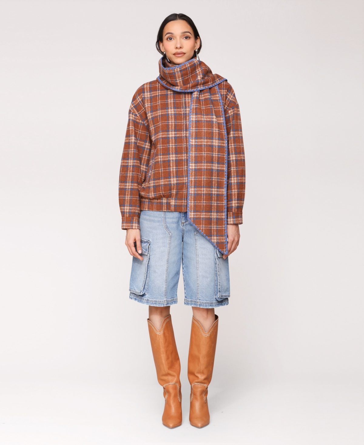 Avec Les Filles Women's Scarf Bomber Jacket In Brown
