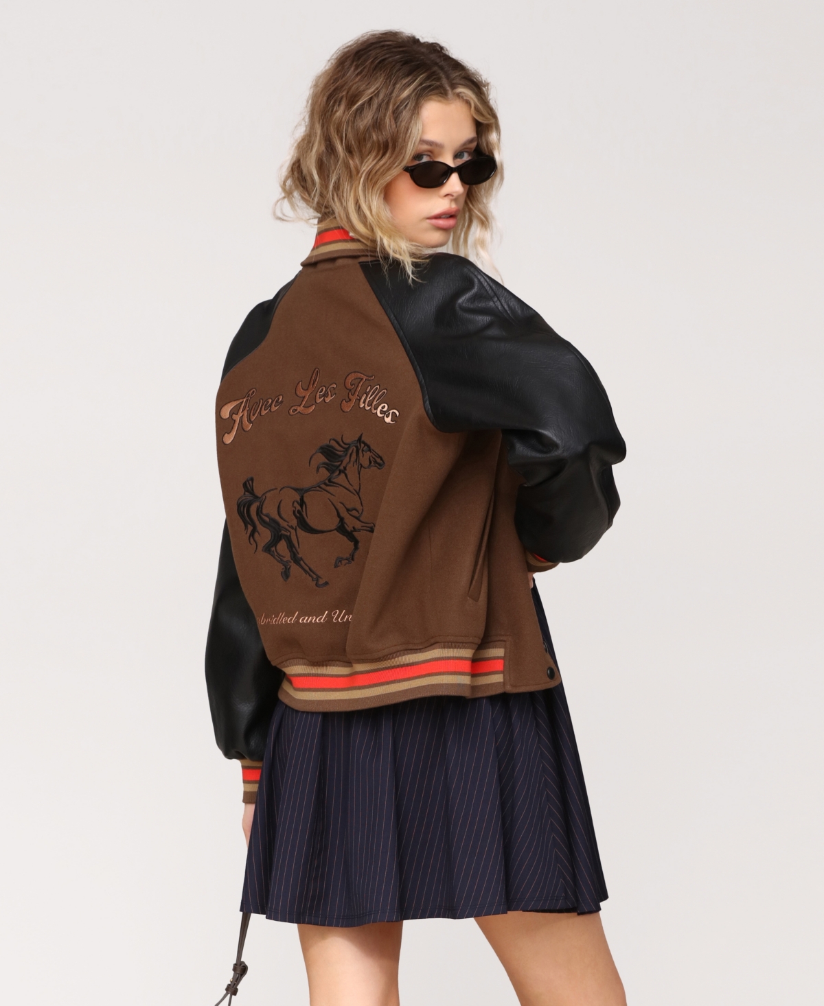 Avec Les Filles Women's Combo Sleeve And Roll Collar Varsity Bomber Jacket In Brown