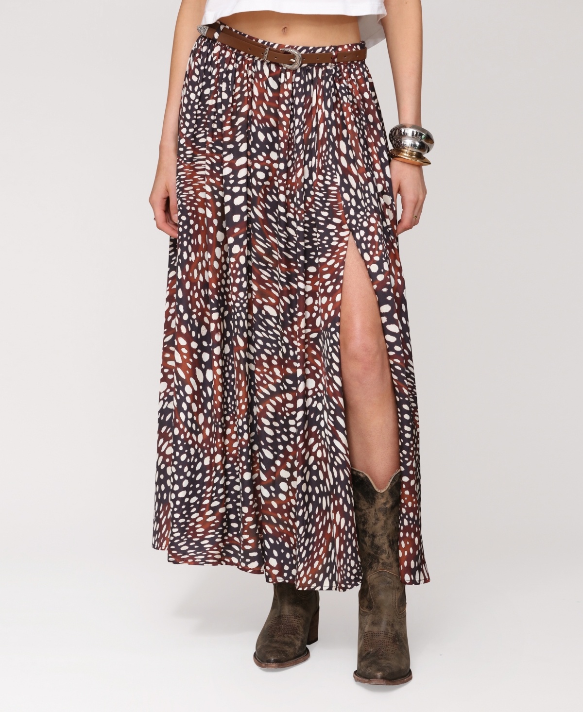 Women's High Slit Western Belt Maxi Skirt - Brown Spotted Animal