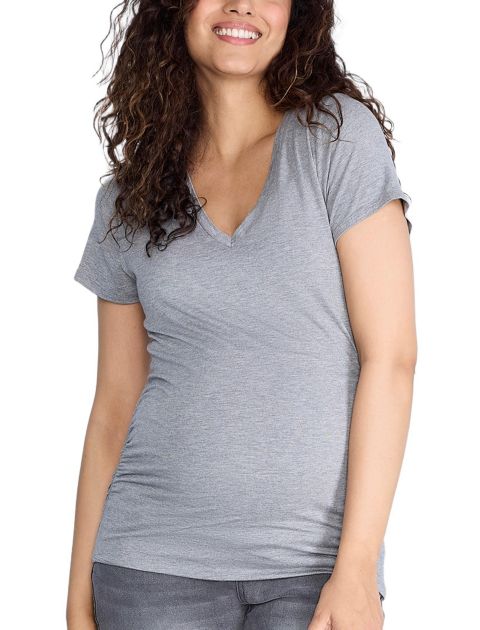 Женская футболка Motherhood Maternity Motherhood V-Neck Side-Ruched Short Sleeve, цвет: Меланжевый серый