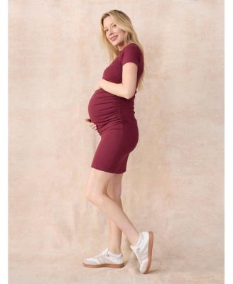 Women's Crewneck Short Sleeve Side Ruched Bodycon Mini Dress - Motherhood Maternity