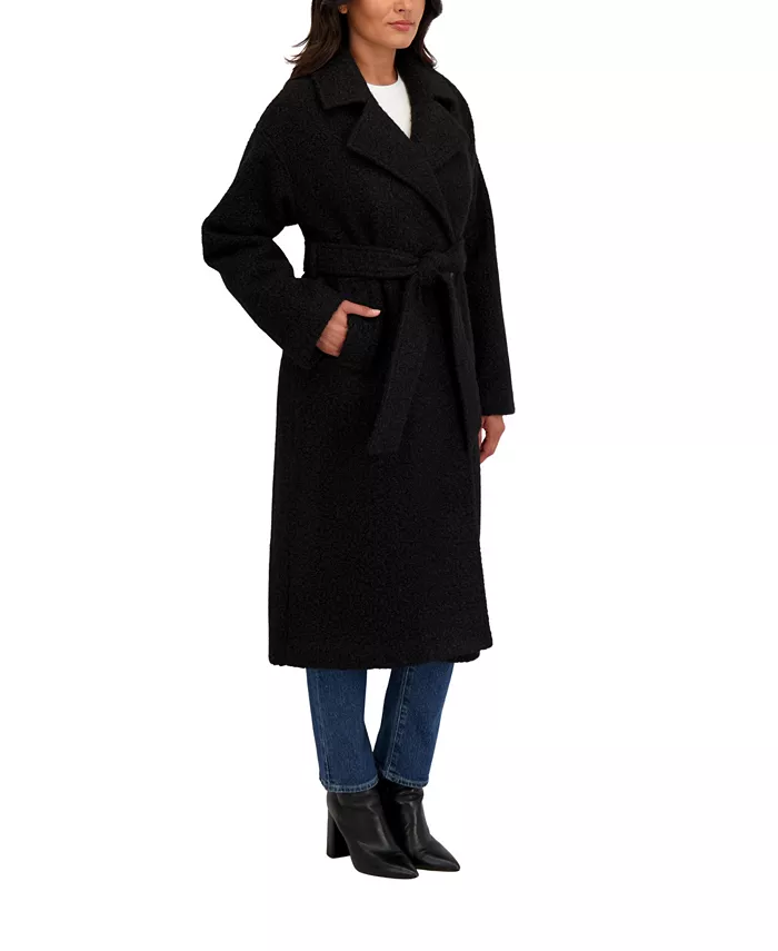 Women's Long Belted Boucle Wrap Coat - thumbnail 7