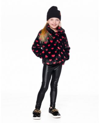 Girl Faux Fur Short Coat Black and Red with Hearts - Toddler|Child