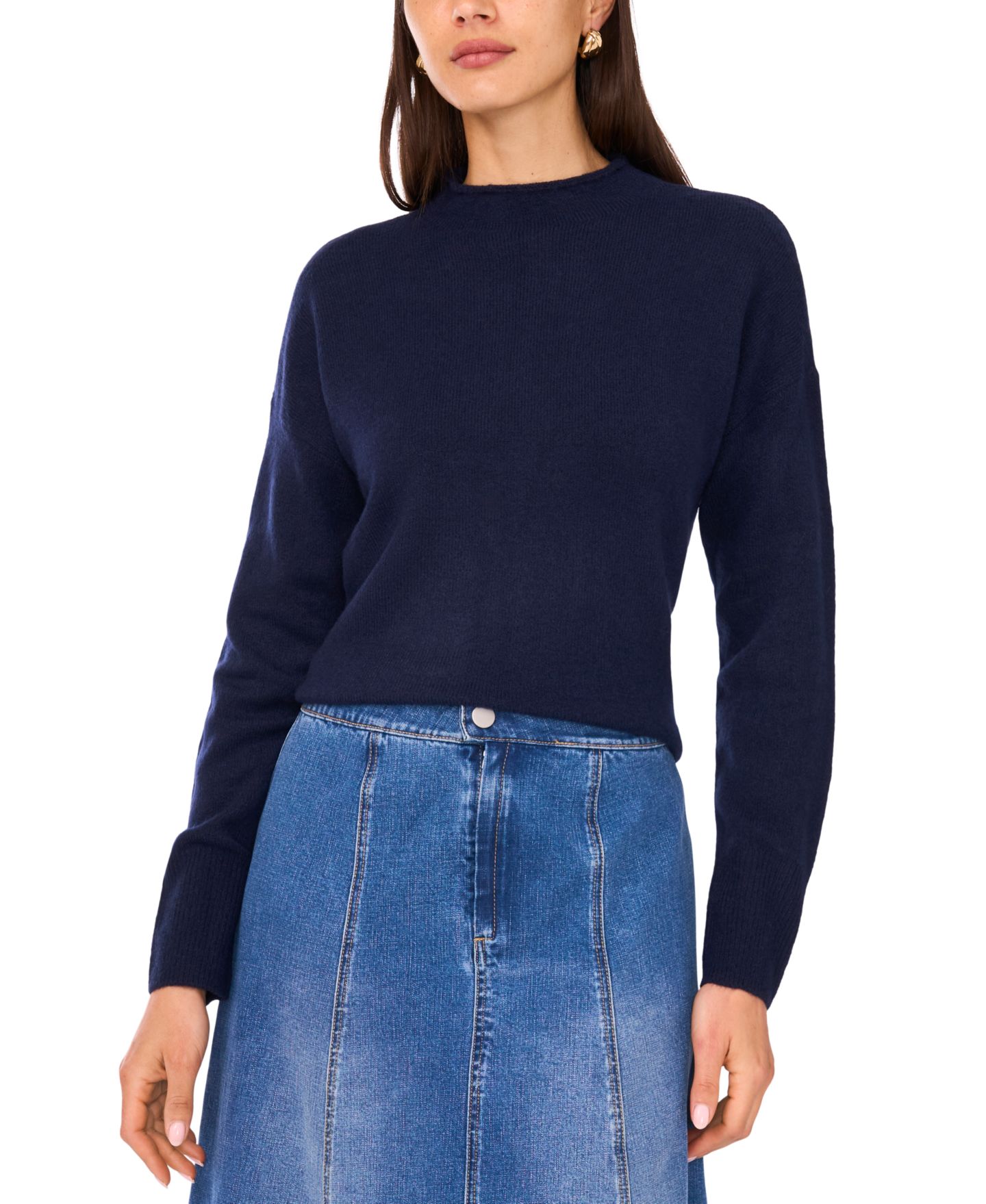 Женский свитер 1.STATE Long Sleeve Mock Neck Rolled Hem, цвет: Тёмно-синий — фото 1