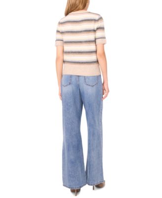 Women's Multi Color Stripe Short Sleeve Crewneck Sweater