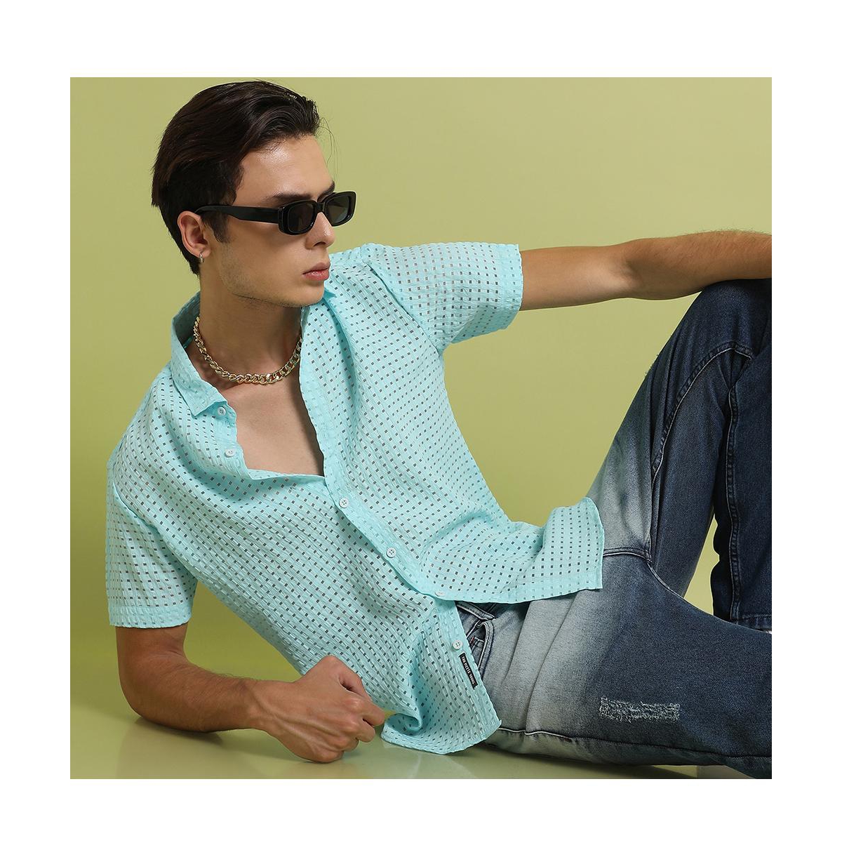 Campus Sutra Men's Light Blue See-Through Square Shirt