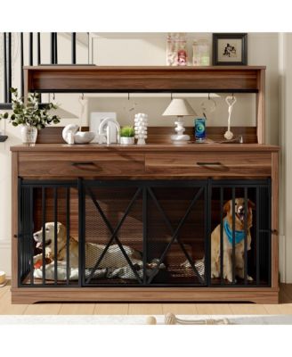 55.1" kitchen Cabinet Dog Crate Cage Table with 2 Storage Drawers and Shelves