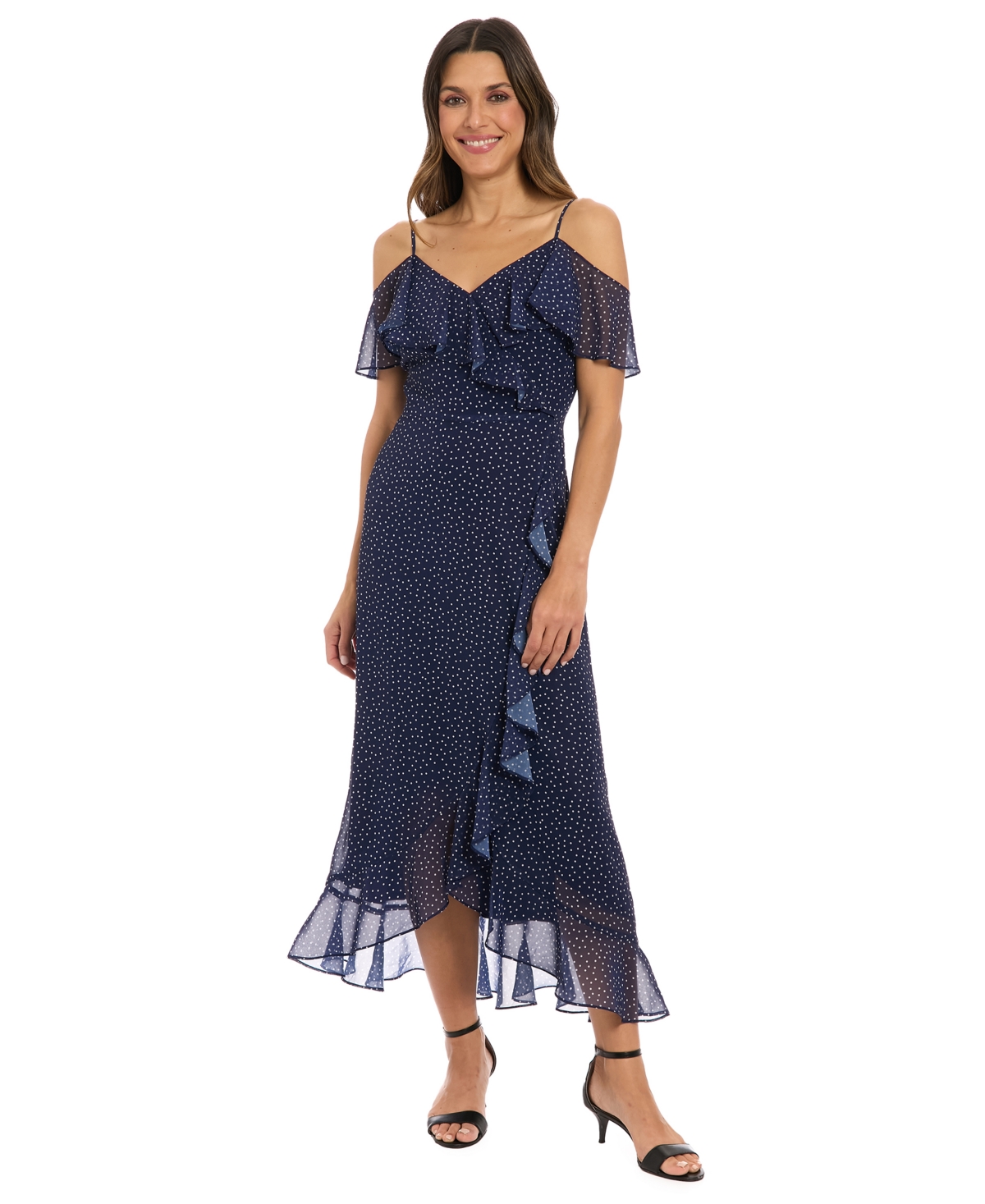 London Times Petite Cold Shoulder V-neck Maxi Dress In Multi