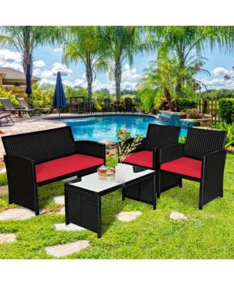 4PCS Rattan Outdoor Conversation Set Patio Furniture Set w/ Red Cushions